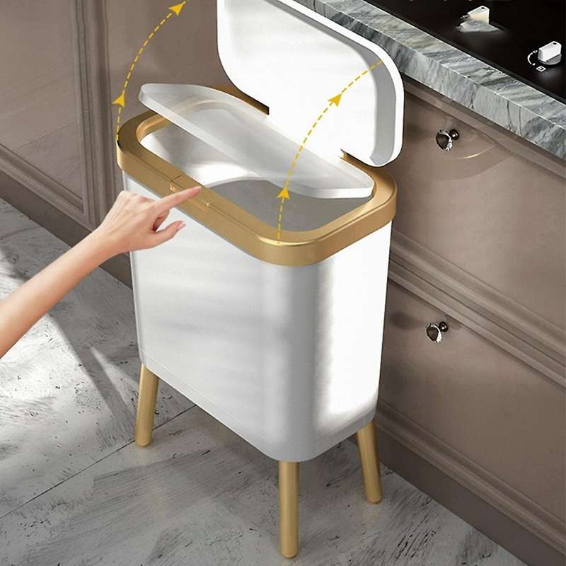 Luxury Fashion White Gold Trash Can 15L Large-Capacity with Lid Dustbin Living Room Sofa Side High F