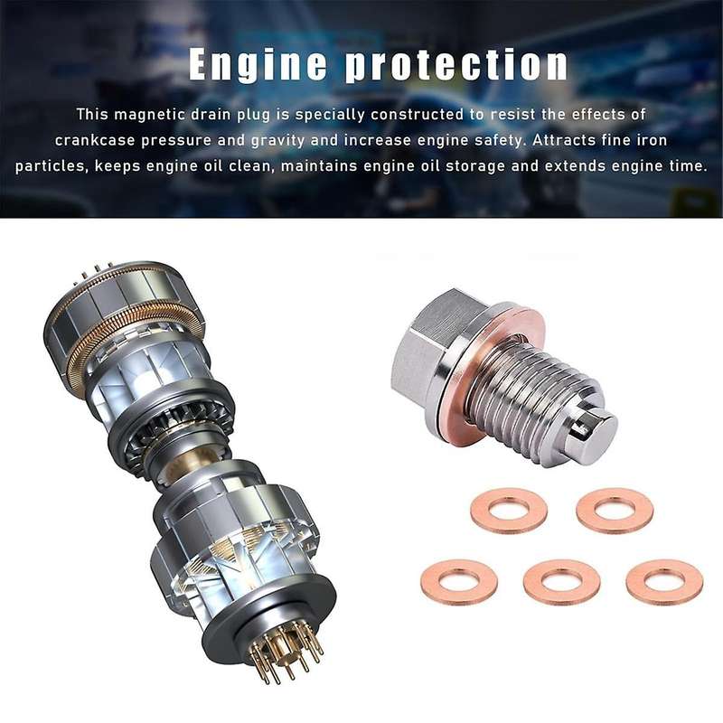 M14 X 1.5 Magnetic Oil Drain Plug, Sump Drain Nut Bolt with 5 Crush Washer Gaskets,Leak-Proof Oil D
