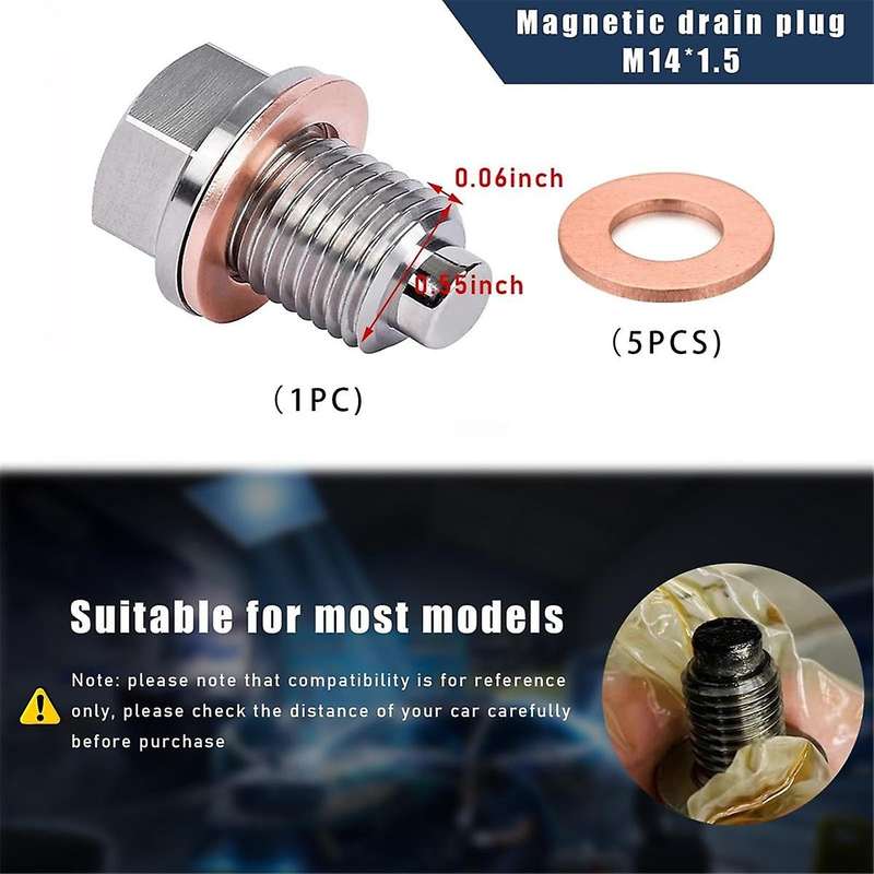 M14 X 1.5 Magnetic Oil Drain Plug, Sump Drain Nut Bolt with 5 Crush Washer Gaskets,Leak-Proof Oil D