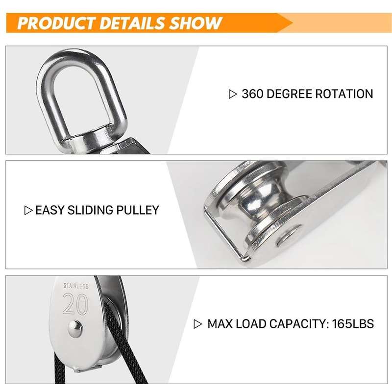 M20 Stainless Steel Pulley System Kit-Heavy-Duty Pulley Wheel, Pulley Block with Nylon Rope 4MM, Hoo
