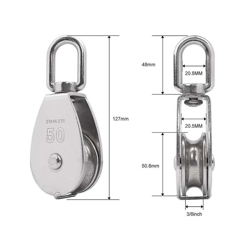 M50 Single Pulley Snatch Block Lifting Crane Heavy Duty Swivel Hook 304 Stainless Steel, 3/8in Rope,