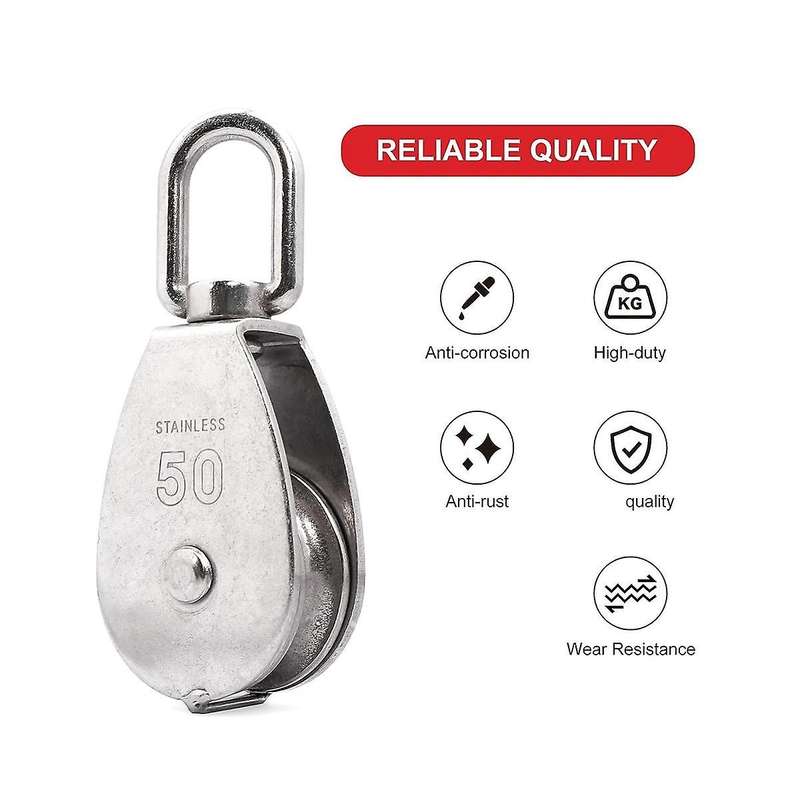 M50 Single Pulley Snatch Block Lifting Crane Heavy Duty Swivel Hook 304 Stainless Steel, 3/8in Rope,