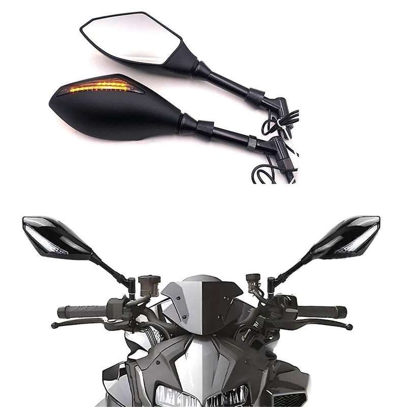 M8 M10 Universal Motorcycle Side Rearview Mirrors with Amber LED Turn Signals Indicator Lights for