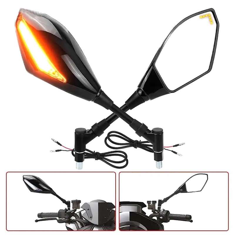 M8 M10 Universal Motorcycle Side Rearview Mirrors with Amber LED Turn Signals Indicator Lights for