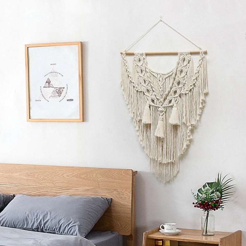 Macrame Boho Wall Hanging Decor, Woven Tapestry Bohemian Art with Long ,Craft Ornament for Home Bedr