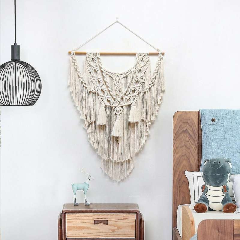 Macrame Boho Wall Hanging Decor, Woven Tapestry Bohemian Art with Long ,Craft Ornament for Home Bedr