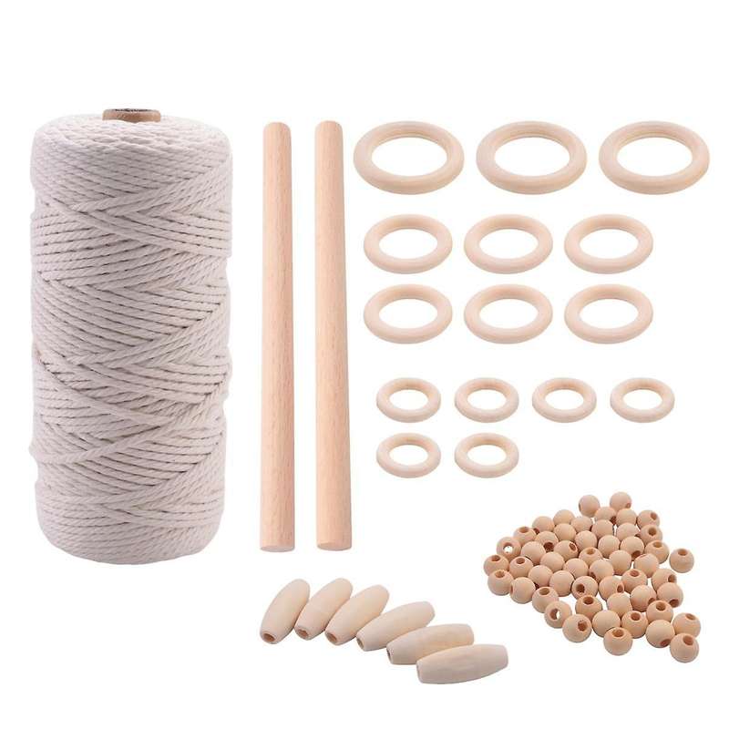 Macrame Cord Natural Cotton Rope 3mm with Wood Ring Wood Stick for Diy Teether Macrame Kit Wall Han