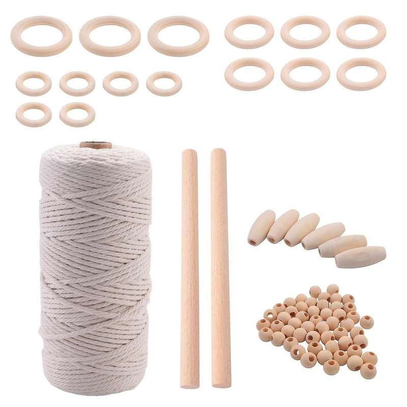 Macrame Cord Natural Cotton Rope 3mm with Wood Ring Wood Stick for Diy Teether Macrame Kit Wall Han