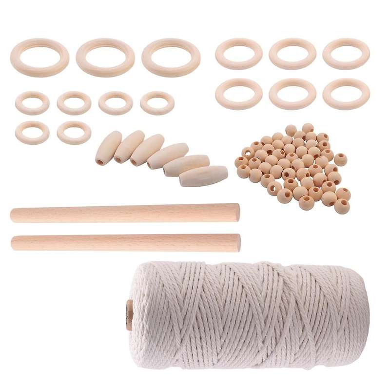 Macrame Cord Natural Cotton Rope 3mm with Wood Ring Wood Stick for Diy Teether Macrame Kit Wall Han