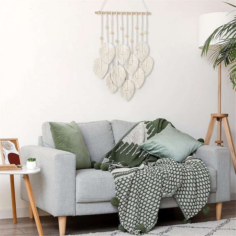 Macrame Wall Hanging Boho Decoration, Macrame Tapestry with Wooden Beads and Leaves Tapestry Wall H