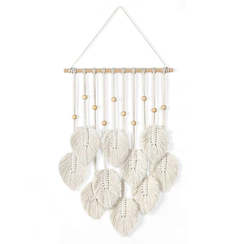 Macrame Wall Hanging Boho Decoration, Macrame Tapestry with Wooden Beads and Leaves Tapestry Wall H