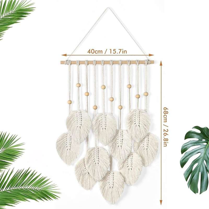 Macrame Wall Hanging Boho Decoration, Macrame Tapestry with Wooden Beads and Leaves Tapestry Wall H