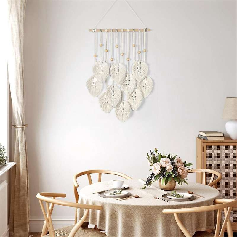 Macrame Wall Hanging Boho Decoration, Macrame Tapestry with Wooden Beads and Leaves Tapestry Wall H