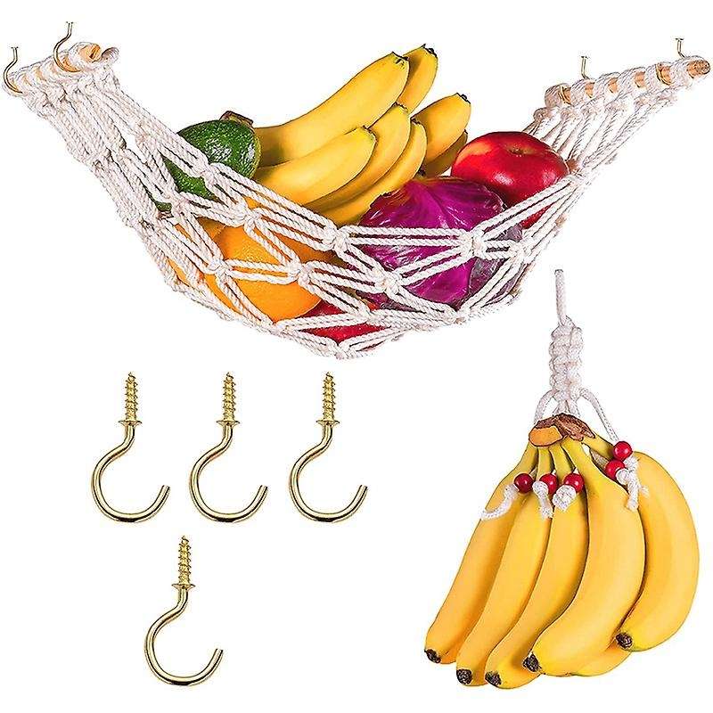 Macrame Fruit Hammock for Kitchen Under Cabinet,Veggie Hammock Fruit Holder Net and Hook for Hanging