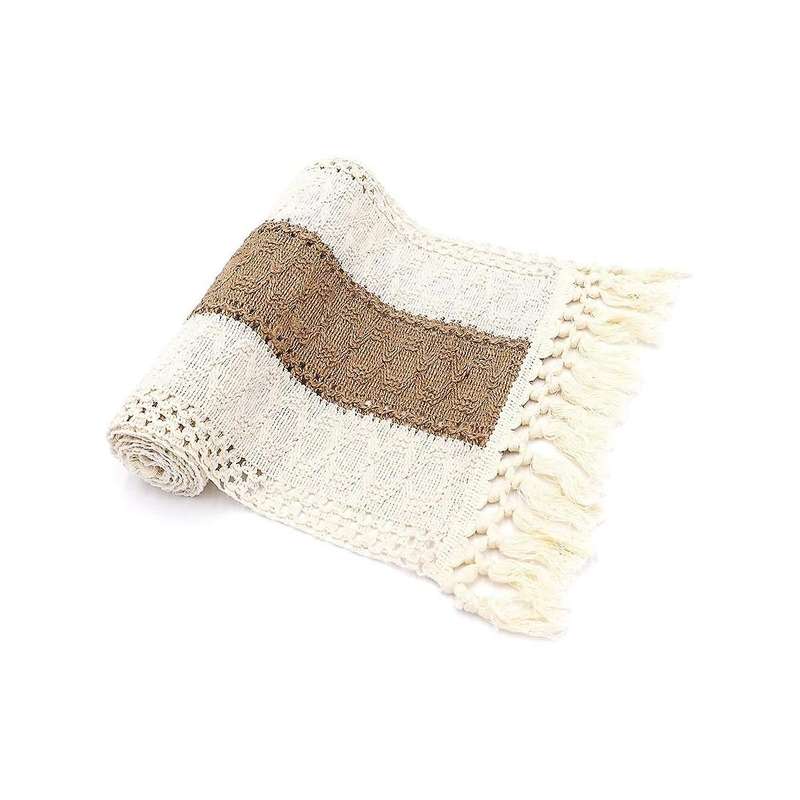 Macrame Table Runner 71inch Long Decor Boho Table Runner Cream & Brown Farmhouse Table Runner With