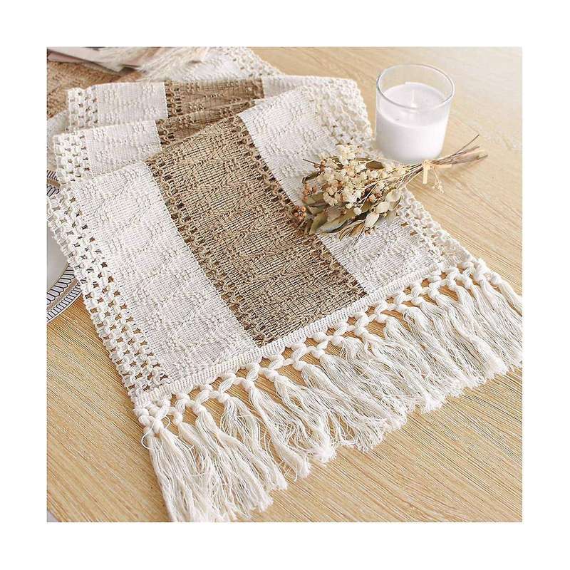 Macrame Table Runner 71inch Long Decor Boho Table Runner Cream & Brown Farmhouse Table Runner With