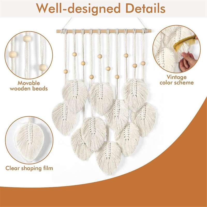Macrame Wall Hanging Boho Decoration, Macrame Tapestry with Wooden Beads and Leaves Tapestry Wall Ha