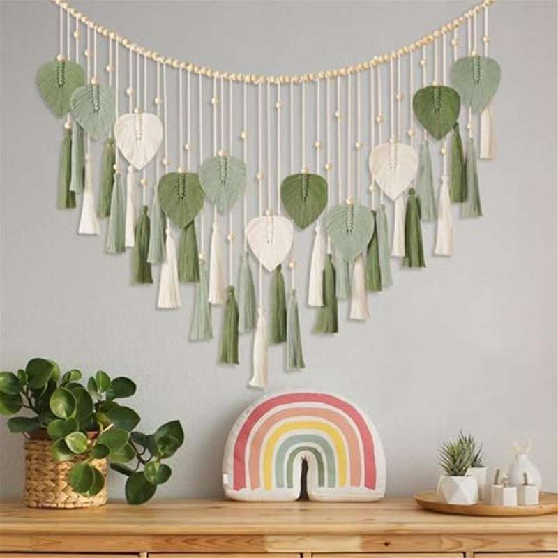Macrame Wall Hanging Leaves- Chic Feather Boho Wall Decor Wowen Wall Art Leaf Tassels Tapestry for H
