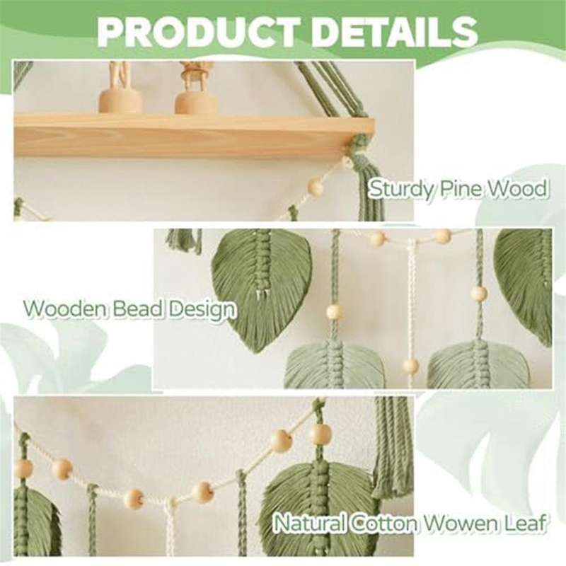 Macrame Wall Hanging Shelf-boho Wall Plant Hanger Shelves with Handmade Woven Leaves, Rustic Wood St