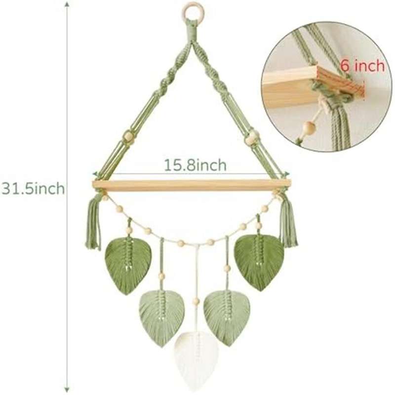 Macrame Wall Hanging Shelf-boho Wall Plant Hanger Shelves with Handmade Woven Leaves, Rustic Wood St
