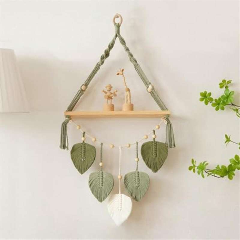 Macrame Wall Hanging Shelf-boho Wall Plant Hanger Shelves with Handmade Woven Leaves, Rustic Wood St