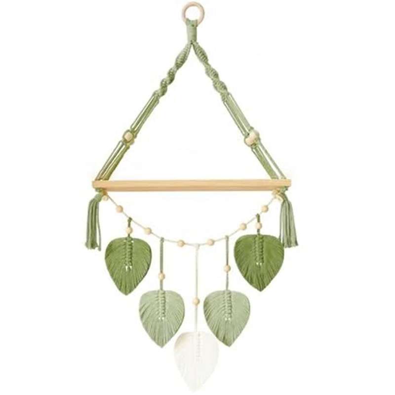 Macrame Wall Hanging Shelf-boho Wall Plant Hanger Shelves with Handmade Woven Leaves, Rustic Wood St