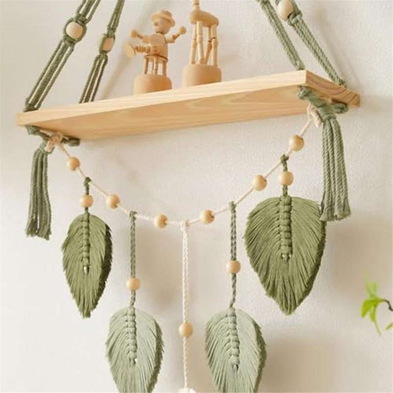 Macrame Wall Hanging Shelf-boho Wall Plant Hanger Shelves with Handmade Woven Leaves, Rustic Wood St