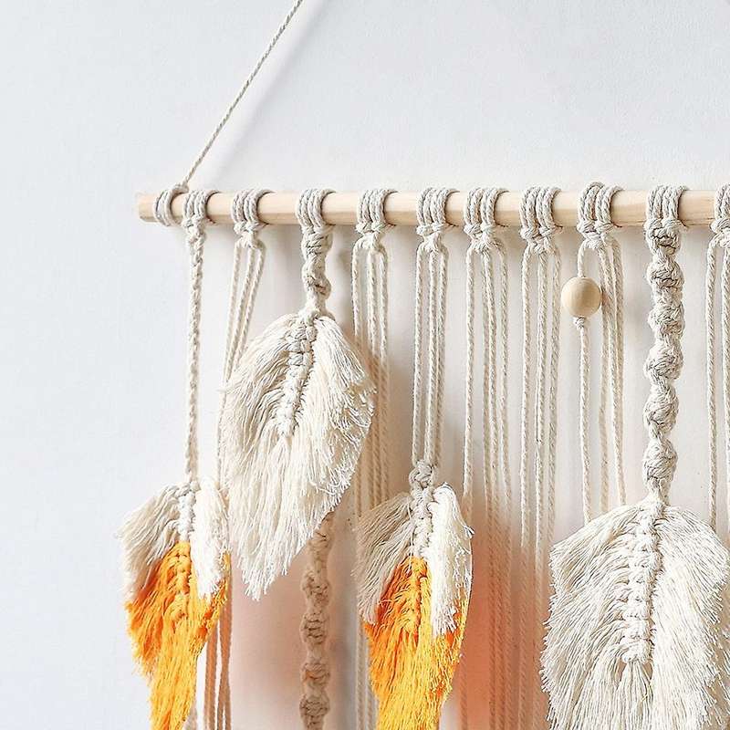 Macrame Wall Hanging Tapestry Feather Boho Wall Art Decor Chic Handmade Woven Leaf Tassels for Apar
