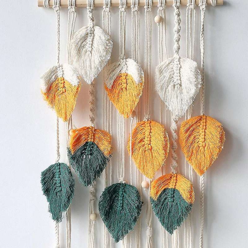 Macrame Wall Hanging Tapestry Feather Boho Wall Art Decor Chic Handmade Woven Leaf Tassels for Apar