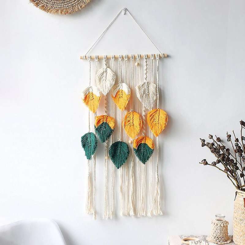 Macrame Wall Hanging Tapestry Feather Boho Wall Art Decor Chic Handmade Woven Leaf Tassels for Apar