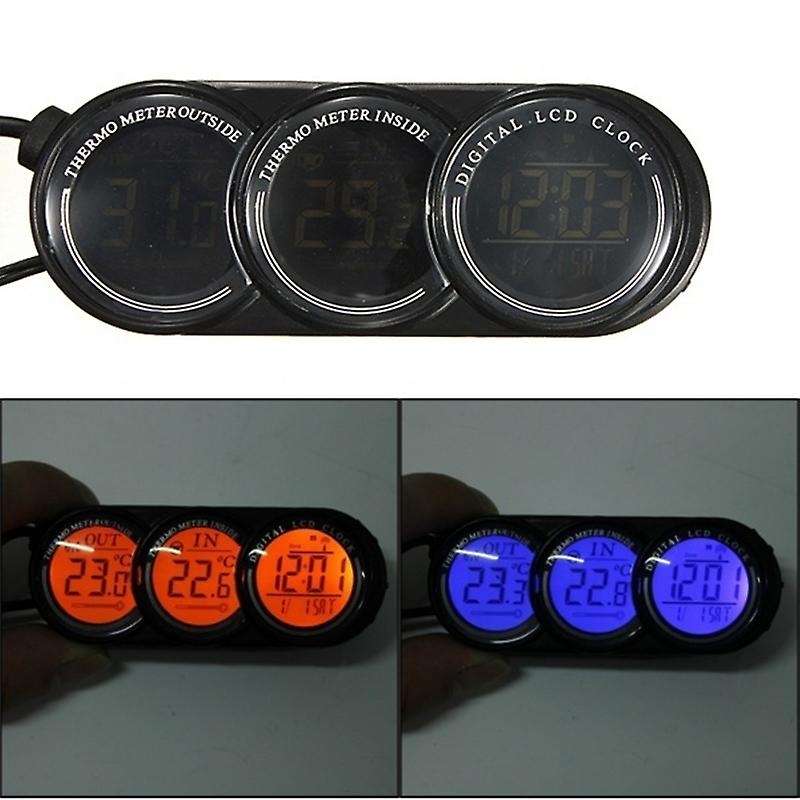 12v-24v Auto Car Lcd Digital Inside Outside Clock Thermometer Gauge