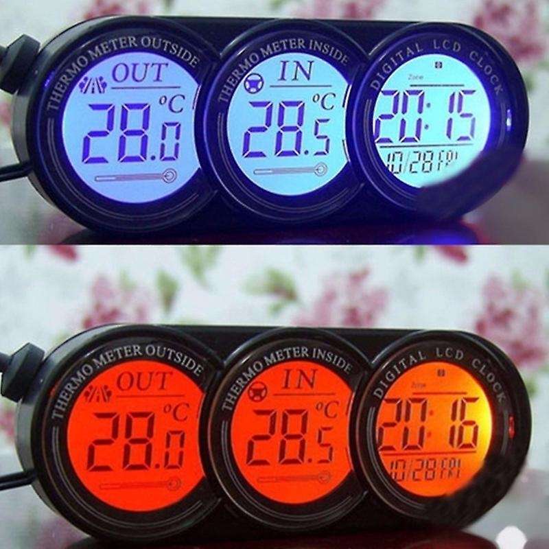 12v-24v Auto Car Lcd Digital Inside Outside Clock Thermometer Gauge