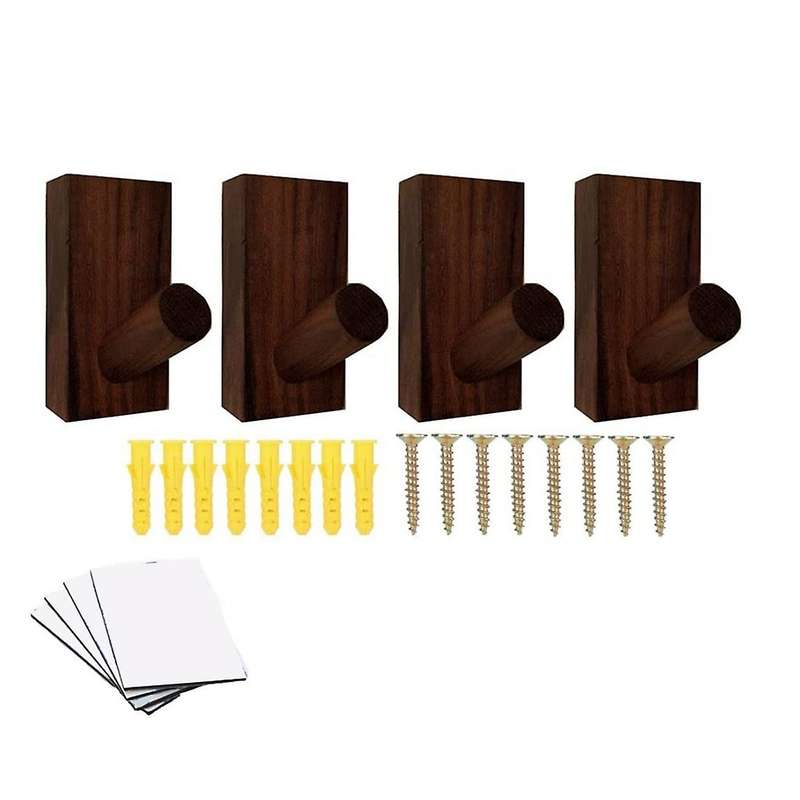 4 Pcs Wood Hangers for Hanging Clothes Adhesive Wall Hat Dark Brown