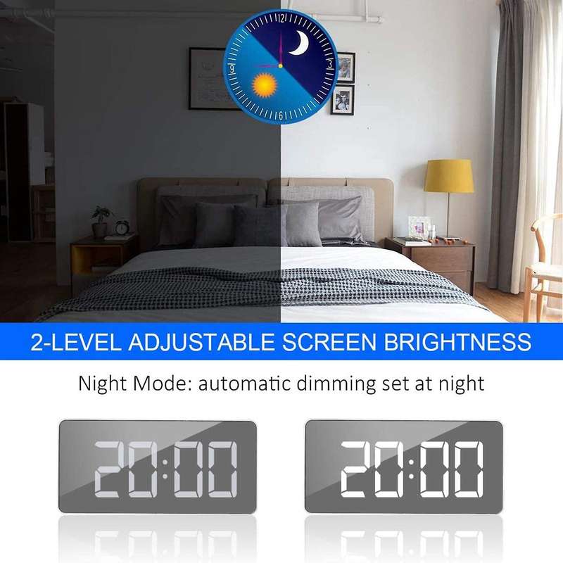 Digital Alarm Clock Large Mirrored Led Clock Snooze Function (white)