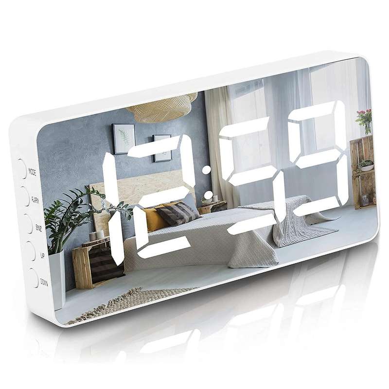 Digital Alarm Clock Large Mirrored Led Clock Snooze Function (white)