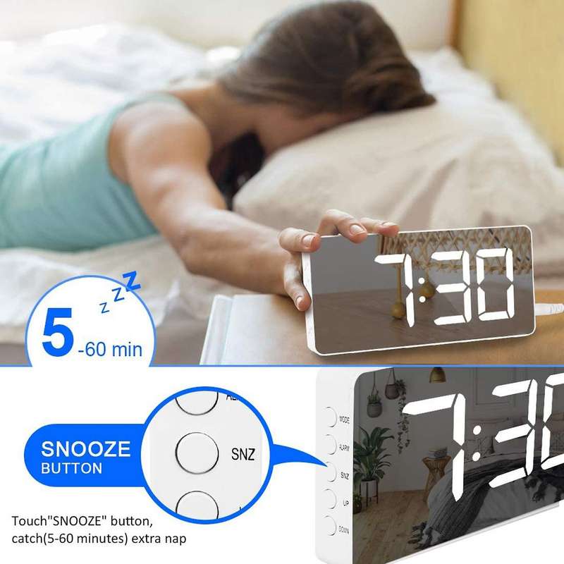 Digital Alarm Clock Large Mirrored Led Clock Snooze Function (white)