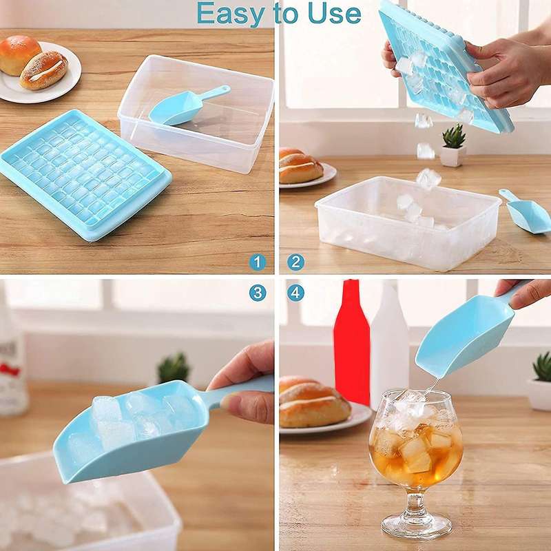 Ice Cube Tray with Lid and Storage Bin, 55 Ice Tray, Scoop Blue