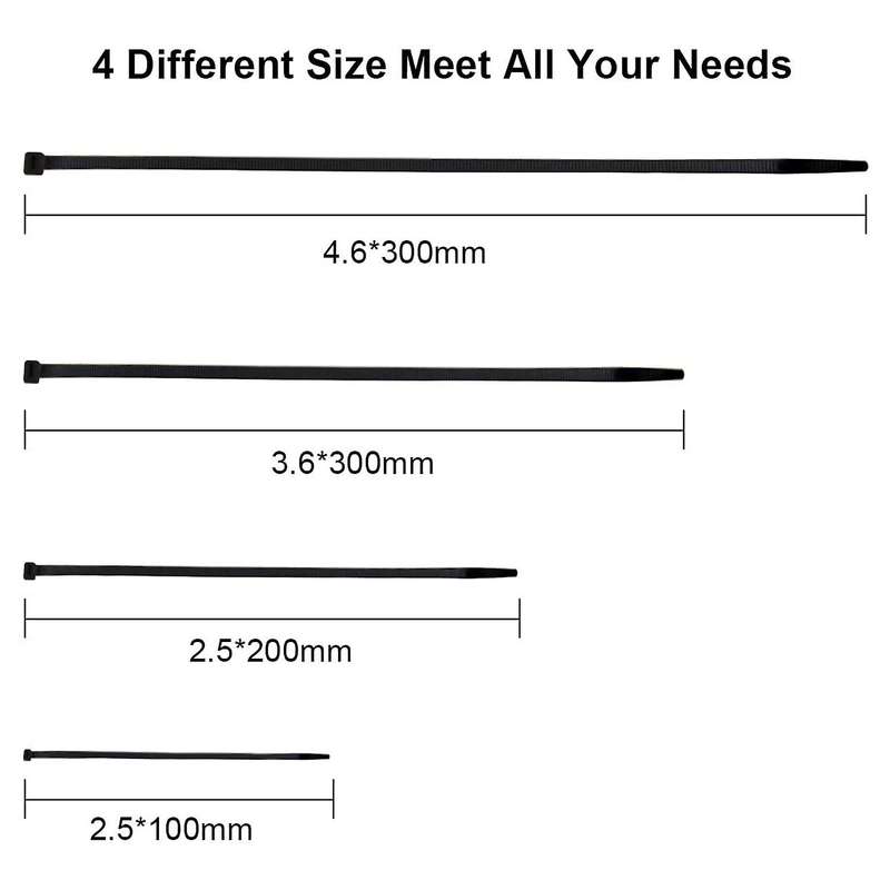 400 Pcs Black Nylon Zip Ties 2.5x100mm 2.5x200mm,3.6x300mm,4.6x300mm