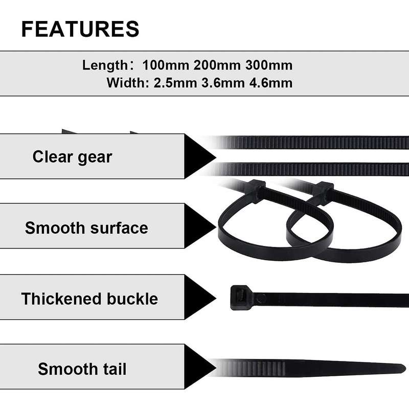 400 Pcs Black Nylon Zip Ties 2.5x100mm 2.5x200mm,3.6x300mm,4.6x300mm