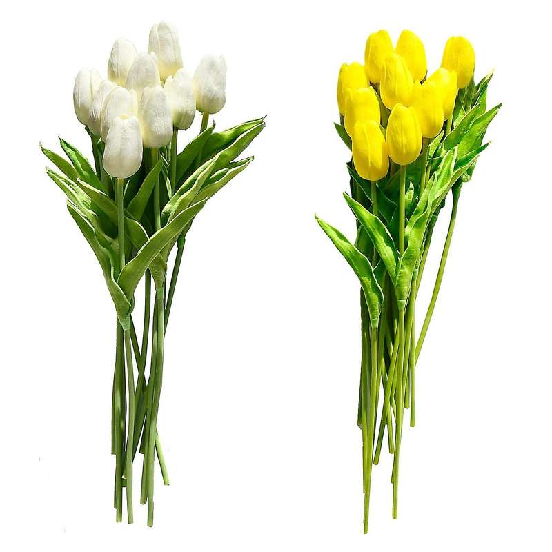 20 Pcs Artificial Flowers Fake Tulip Bouquet (milk White and Yellow)