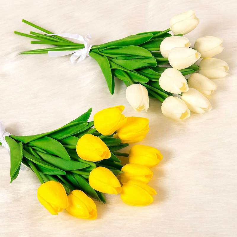 20 Pcs Artificial Flowers Fake Tulip Bouquet (milk White and Yellow)