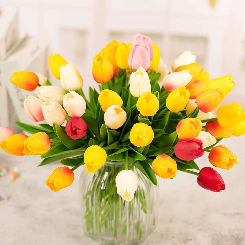 20 Pcs Artificial Flowers Fake Tulip Bouquet (milk White and Yellow)