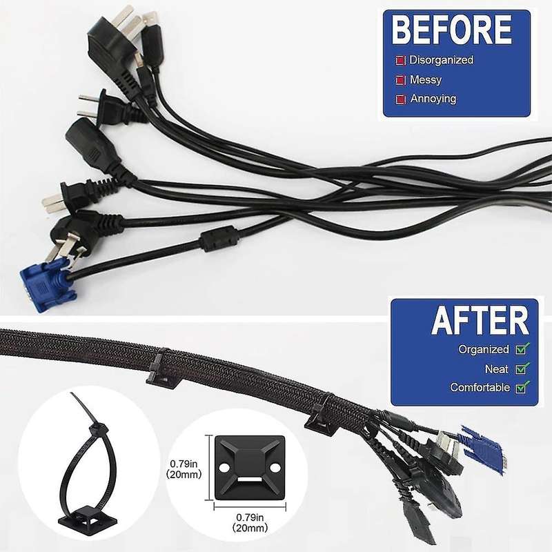 Cable Management Kit, Sleeve,self Adhesive Base,large Cable Clips