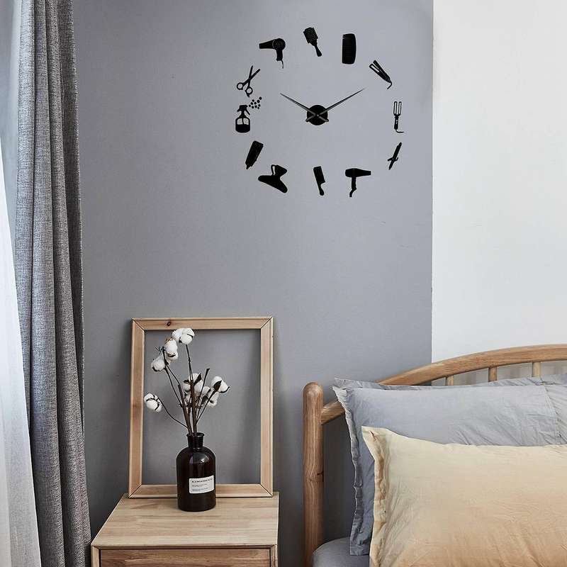 Diy Barber Shop Giant Wall Clock with Mirror Effect Wall Art(black)