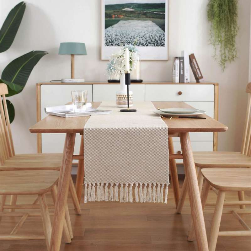 Farmhouse Braided Coffee Table Runner, Beige Woven Table Runner
