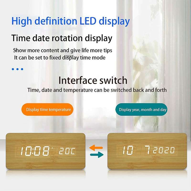Wooden Led Alarm Clocks Digital Display Table Clock Bamboo Wood Color