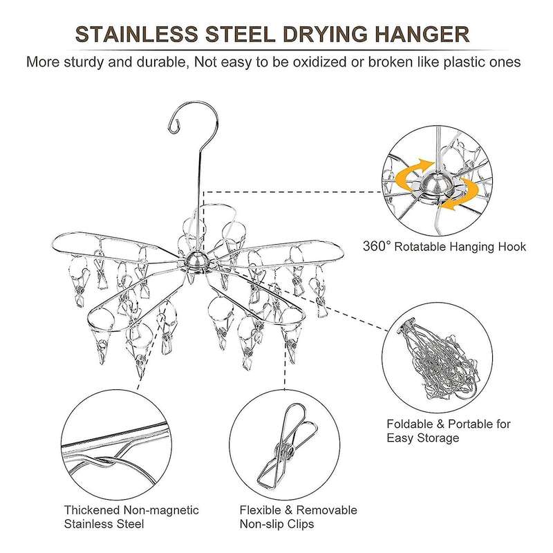 Stainless Steel Foldable Drying Hanger,with 20 Clips,for Towels