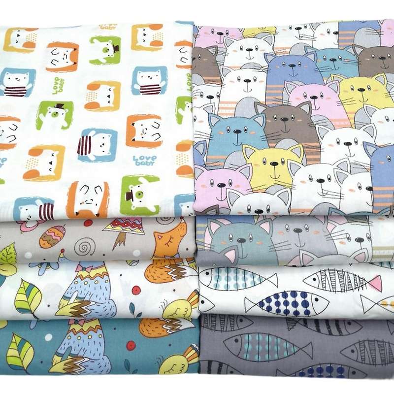 8 Pcs Fabric Print Pure Cotton Fabric Cartoon Animals Squares Sheets