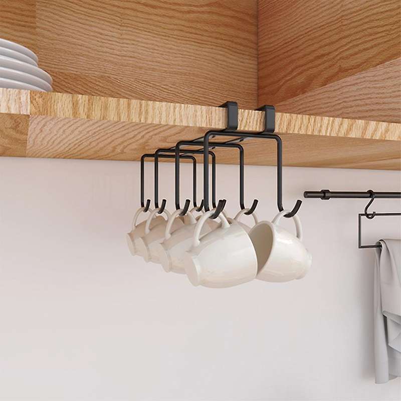 Cup Hook Under Cabinet with 8 Hooks Mug Rack Holder Storage (black)