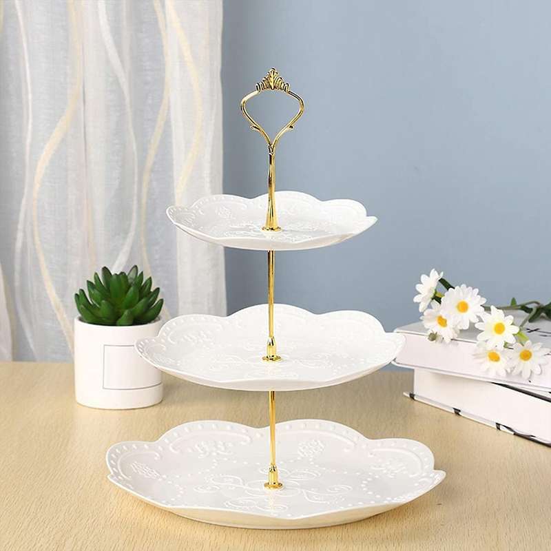 2 Pcs Round 3-tier White Stand Dessert Plates Stand for Family Party